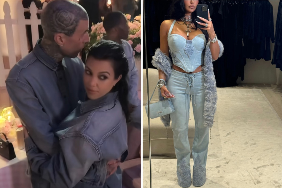 Kim (r.) and Kourtney Kardashian (c.) also stepped out in cowboycore style for their sister's birthday party.