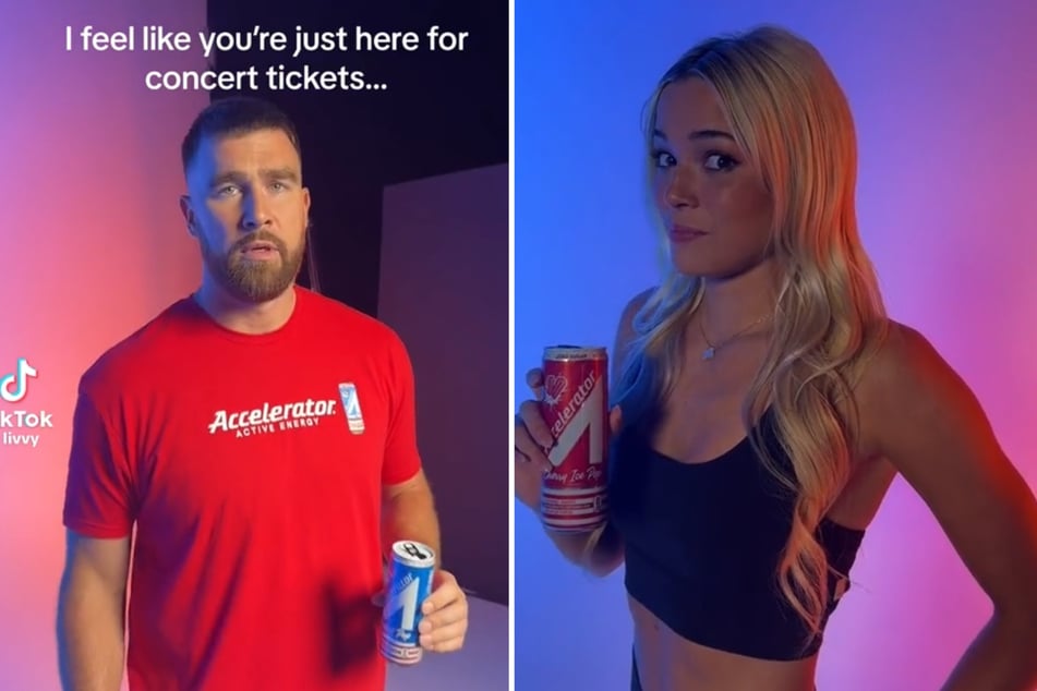 Olivia Dunne (r.) teamed up with Travis Kelce (l.) for a Taylor Swift-inspired skit promoting Accelerator.