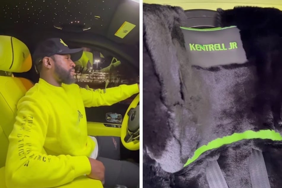 Floyd Mayweather pictured in his $345,000 Rolls-Royce with his grandsons custom mink fur-lined car seat.