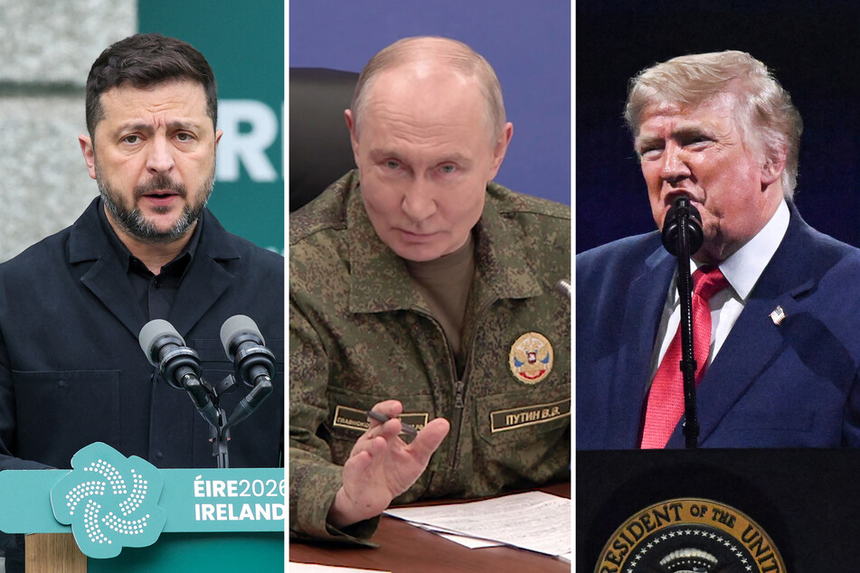 Ukrainian President Volodymyr Zelensky (l) and Russian President Vladimir Putin (m) spoke with President Donald Trump (r) ahead of next week's NATO summit.