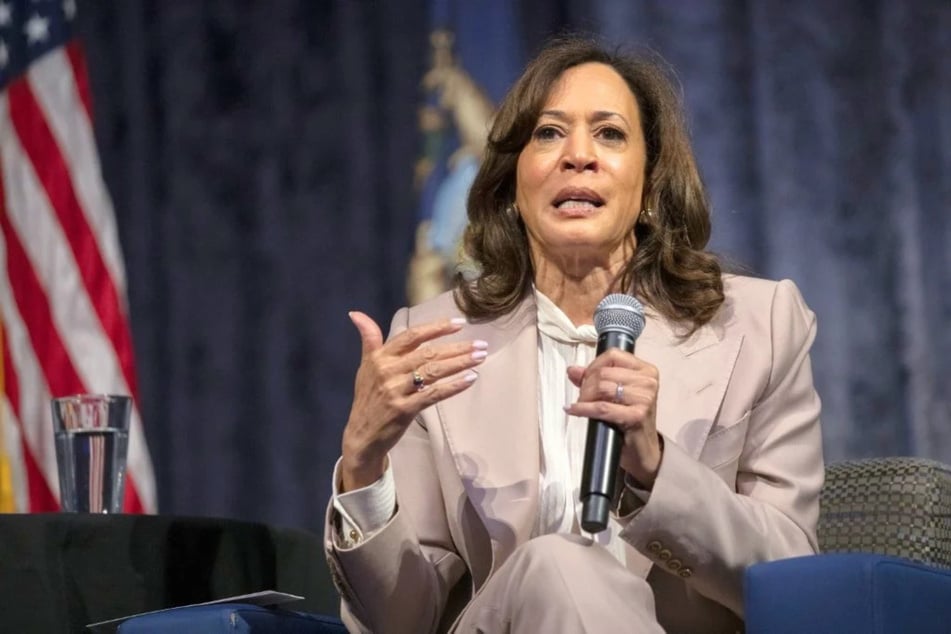 Former Vice President Kamala Harris speaks at the 38th Annual Michigan Democratic Women's Caucus Legacy Luncheon on April 18 in Detroit. In a speech Wednesday, Harris criticized both Trump and Biden for not acting "more forcefully" against Israel over the war in Gaza.