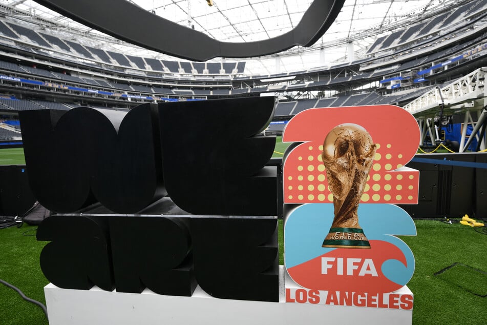 The 2026 FIFA World Cup logo is seen at Los Angeles Stadium (temporarily renamed from SoFi Stadium) ahead of the 2026 FIFA World Cup in Los Angeles on June 7, 2026.