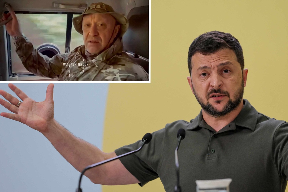 Ukraine President Volodymyr Zelensky (r.) accused Russian President Vladimir Putin of being responsible for the death of Wagner chief Yevgeny Prigozhin (inset) in a plane crash last month.