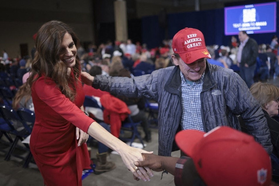 Nancy Mace (l) greeting attendees at a rally to support then presidential-candidate Donald Trump on February 14, 2024 in North Charleston, South Carolina.