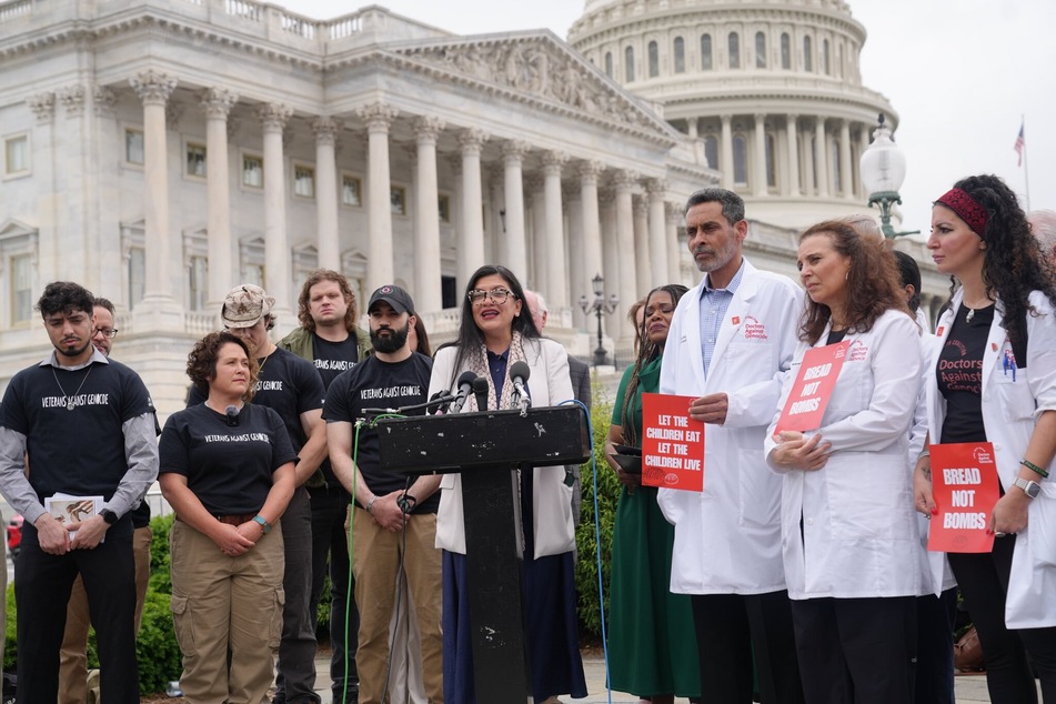 Representative Rashida Tlaib speaks during a press conference on Capitol Hill on the reintroduction of a resolution commemorating the Nakba.