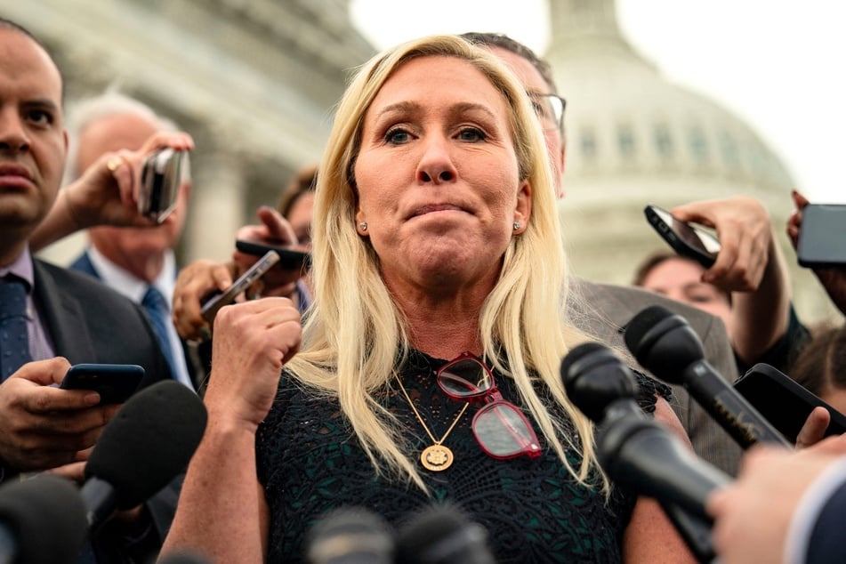 Marjorie Taylor Greene speaking to members of the press on the steps of the House of Representatives at the US Capitol on May 8, 2024.
