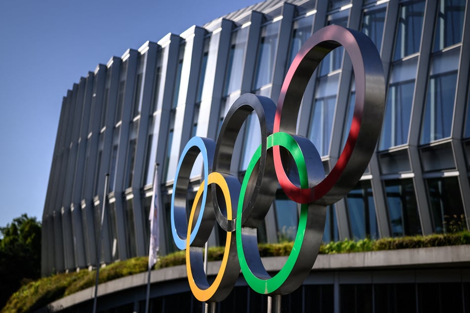 This photograph shows the Olympic rings prior to an IOC executive commission meeting ahead of IOC session, at the Olympic House in Lausanne, on Monday.