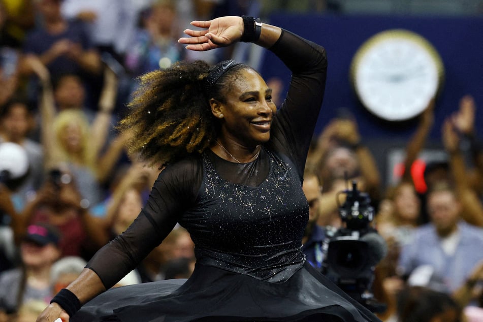 Serena Williams celebrates winning her first round match against Montenegro's Danka Kovinic at the 2022 US Open.