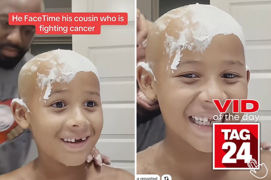 Jackson shaved his head to support his cousin Mason, who has cancer, and Mason's reaction was pure emotion. 