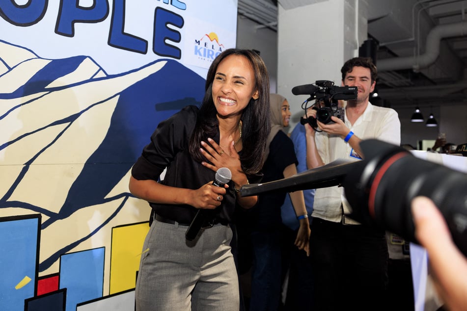 Melat Kiros speaks to supporters at an election-night watch party in Denver after winning her Colorado Democratic congressional primary on June 30, 2026.