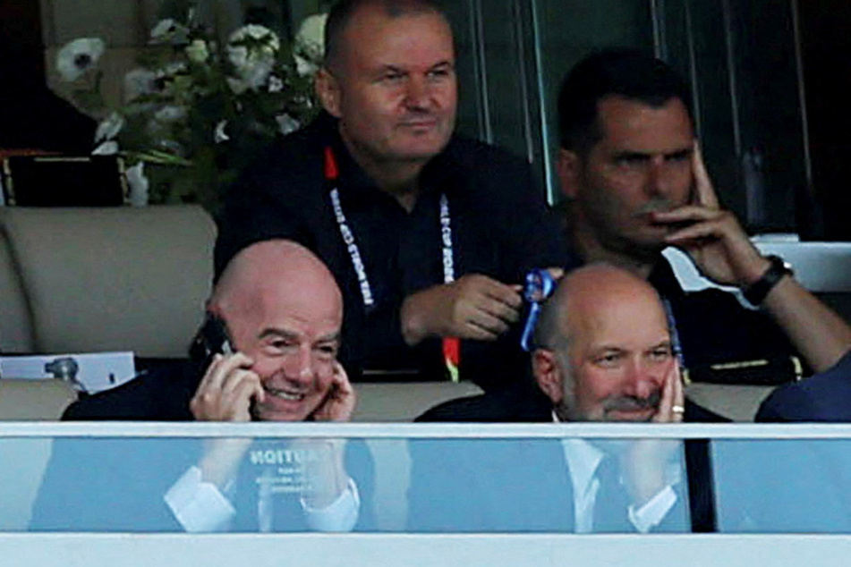 FIFA President Gianni Infantino (front l.) and US Secretary of Commerce Howard Lutnick (front r.) in the stands during the USA v. Bosnia and Herzegovina World Cup Round of 32 match on July 1, 2026.
