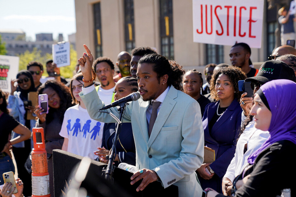 State Rep. Justin Jones speaks at a rally ahead of a vote for his reinstatement days after the Republican majority in the Tennessee House decided to expel him.