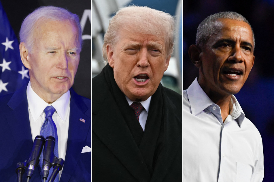 Donald Trump (c.) took swipes at his Democratic predecessors Joe Biden (l.) and Barack Obama with insult-laden plaques added to portraits of the former presidents.