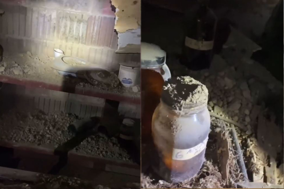 Besides a lot of dust, the bunker contained two bunk beds, a cabinet, and a urinal! (collage)