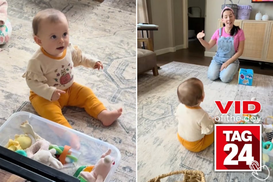 This baby was shocked when both parents showed up dressed as Ms. Rachel!