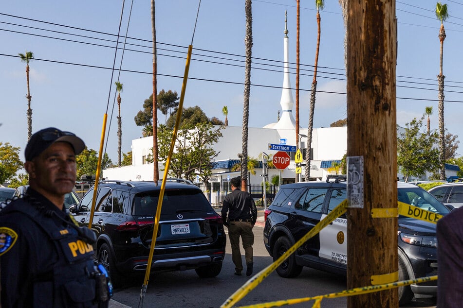 San Diego Police officers block the access to the Islamic Center of San Diego following a shooting on May 18, 2026.