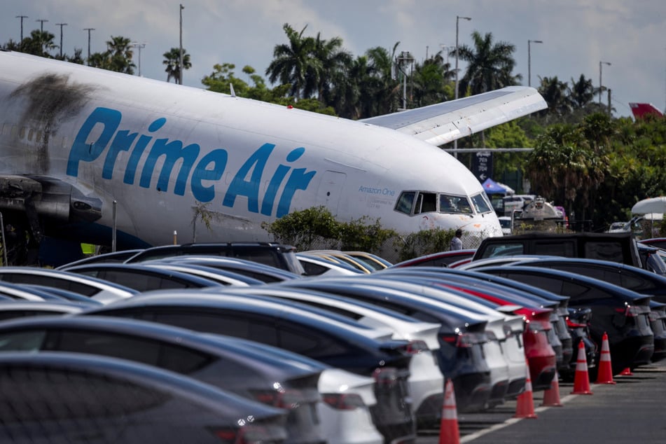 An Amazon Prime Air cargo plane is pictured after airport officials said it overran a runway at Miami International Airport on September 7, 2026.
