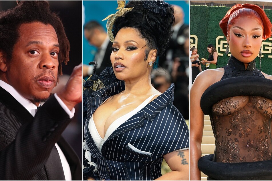 Nicki Minaj (c.) threw shots at Megan Thee Stallion (r.) and Jay-Z as Megan's sexual harassment lawsuit heads to court.