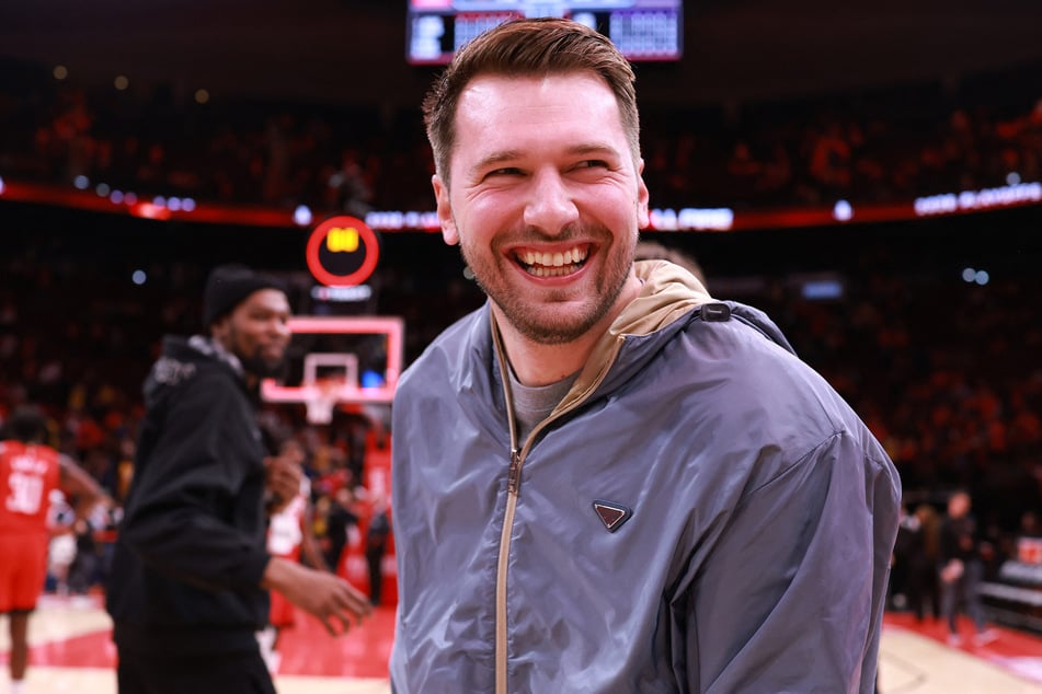 Luka Doncic of the Los Angeles Lakers celebrates the team's win against the Houston Rockets in Game Six of the First Round of the NBA Western Conference Playoffs at Toyota Center on May 1, 2026.