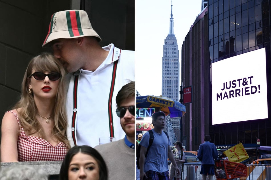 The Empire State Building was lit up in blue on Friday night to celebrate Taylor Swift and Travis Kelce's wedding at Madison Square Garden.