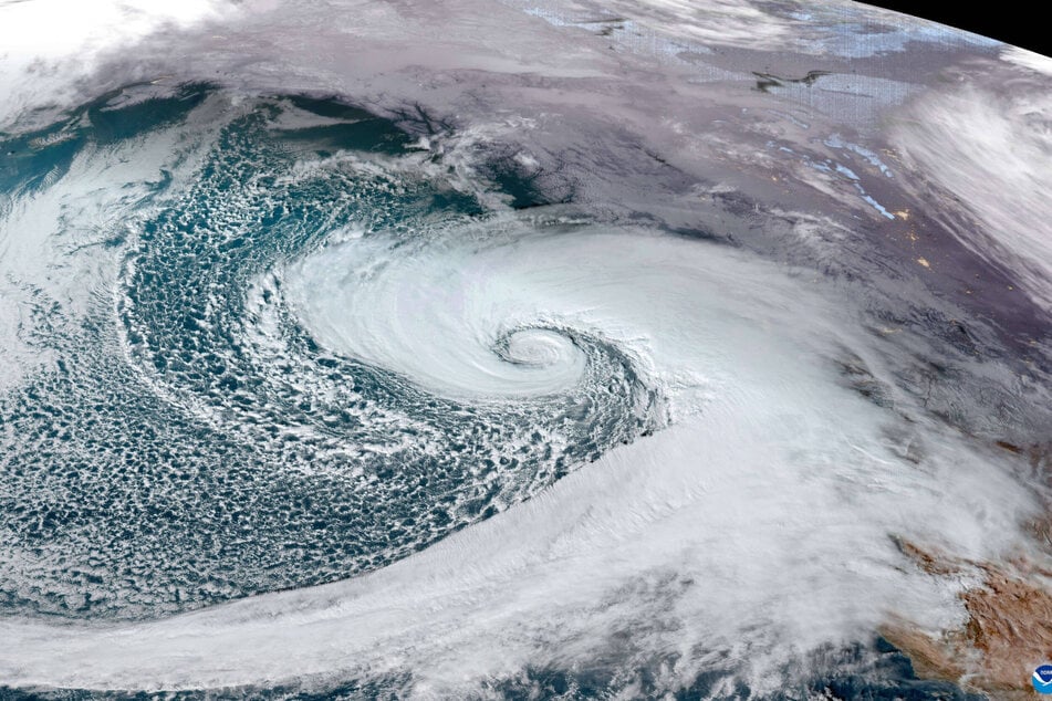 The early morning NOAA GEOS-18 satellite image showing the rotating storm system called a Bomb Cyclone churning in the Pacific Ocean, November 19, 2024, off the coast of Washington State.