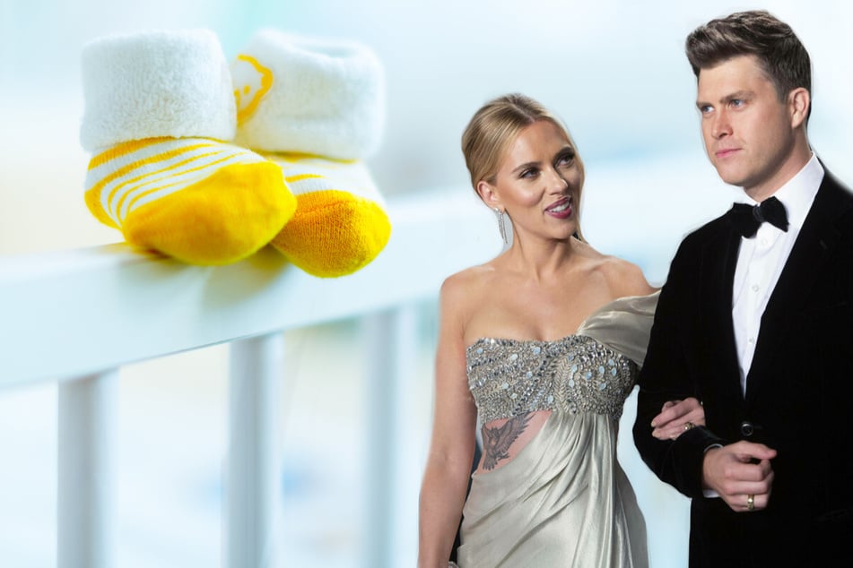 Scarlett Johansson (l.) and Colin Jost confirmed the birth of their new baby boy, Cosmo, on Wednesday.