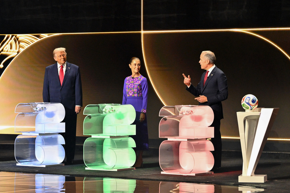 (From l. to r.) US President Donald Trump, Mexico's President Claudia Sheinbaum, and Canada's Prime Minister Mark Carney attend the 2026 FIFA Football World Cup draw on December 5, 2025.