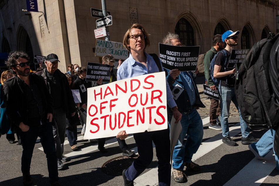 Protesters participate in a "Rally for the Right to Learn" in opposition to Trump administration policies in New York City on April 17, 2025.