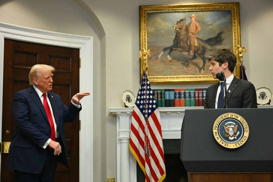 President Trump gestures as OpenAI CEO Sam Altman speaks at the White House on January 21, 2025. Altman will meet with the United Nations Security Council next week amid rising concerns over AI.