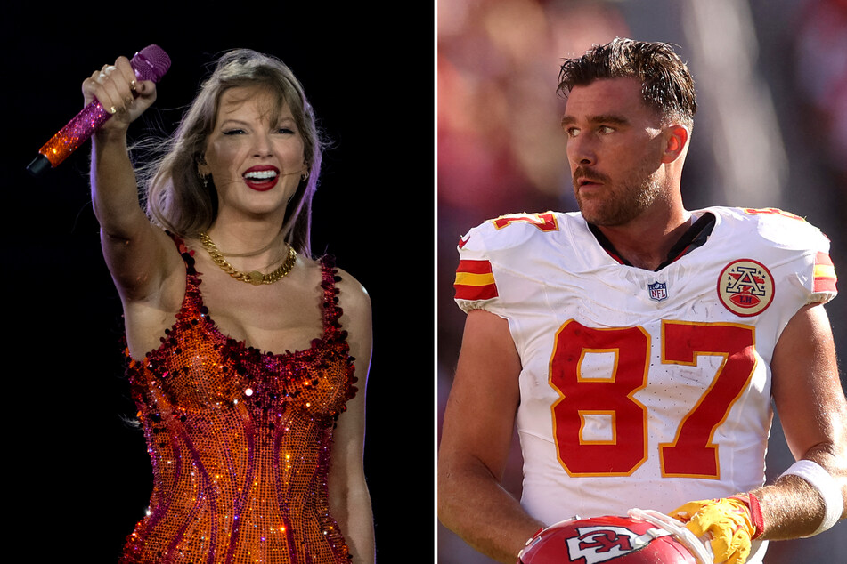 Taylor Swift (l.) gave her beau Travis Kelce a big shoutout as she hit the stage at this season's Super Bowl venue for the latest stop on The Eras Tour.