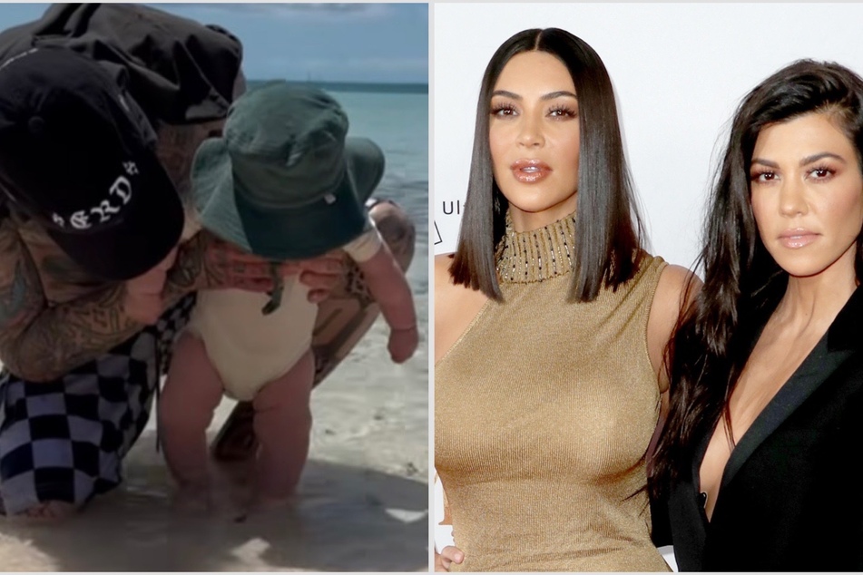 Kourtney Kardashian (r.) gave a look at her morning strolls with Kim (c.) and her son Rocky Thirteen Barker.