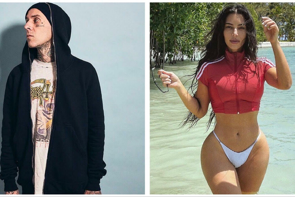 A source close to Kim Kardashian (r.) says the reality-star never cheated with Travis Barker (collage).