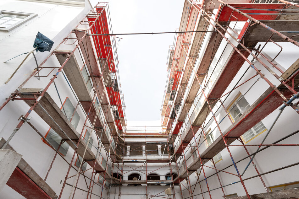 Scaffolding covers the back side of the birth house of Adolf Hitler that is turned into a police station.