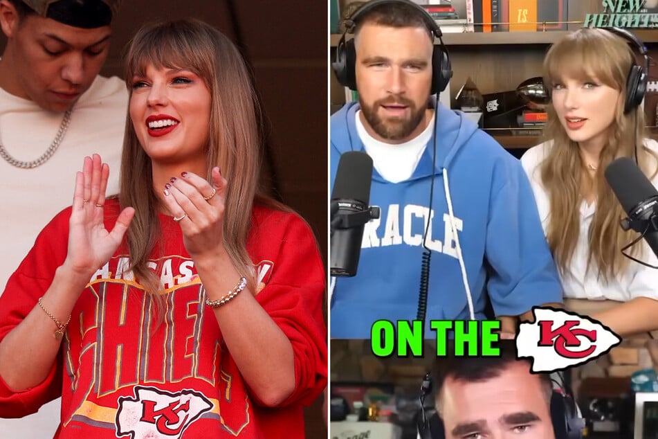 Taylor Swift pokes fun at hate from "male sports fans" as she joins Travis Kelce's podcast