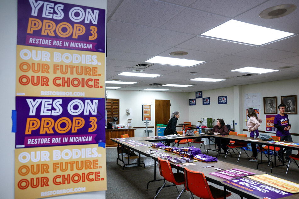 Reproductive Freedom for All volunteers and staff prepare for a canvassing event in support of Proposal 3 at their headquarters in the AFL-CIO building in Lansing.