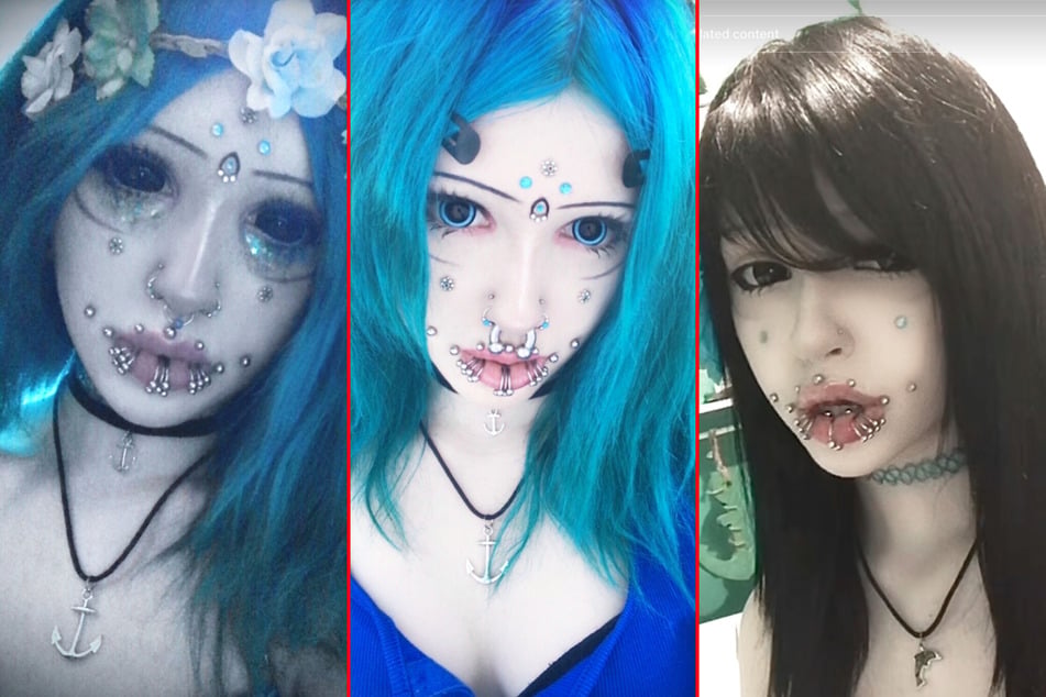 Body mod-addicted woman fills face and mouth with extreme piercings