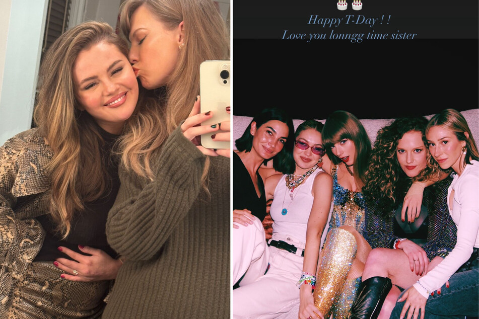 Selena Gomez (l) lead the star-studded tributes to honor Taylor Swift (second from l) on her 34th birthday.