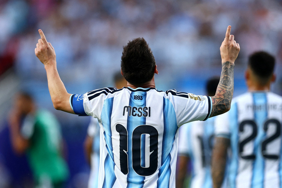 Argentina's Lionel Messi celebrates scoring their first goal against Algeria during their World Cup Group J match on June 16, 2026.