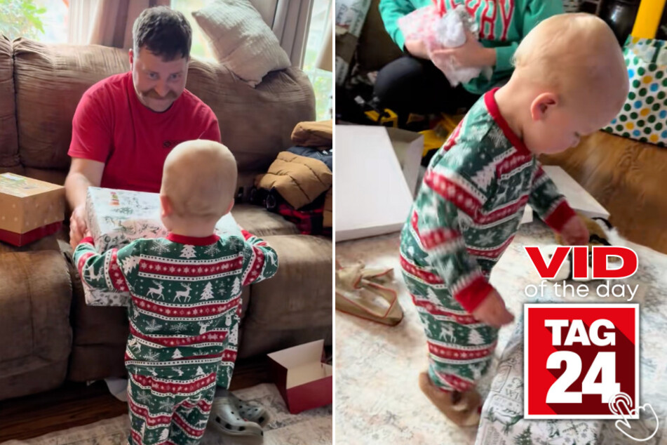 This baby delivered Christmas gifts to his family with so much excitement that he couldn't stop stomping!