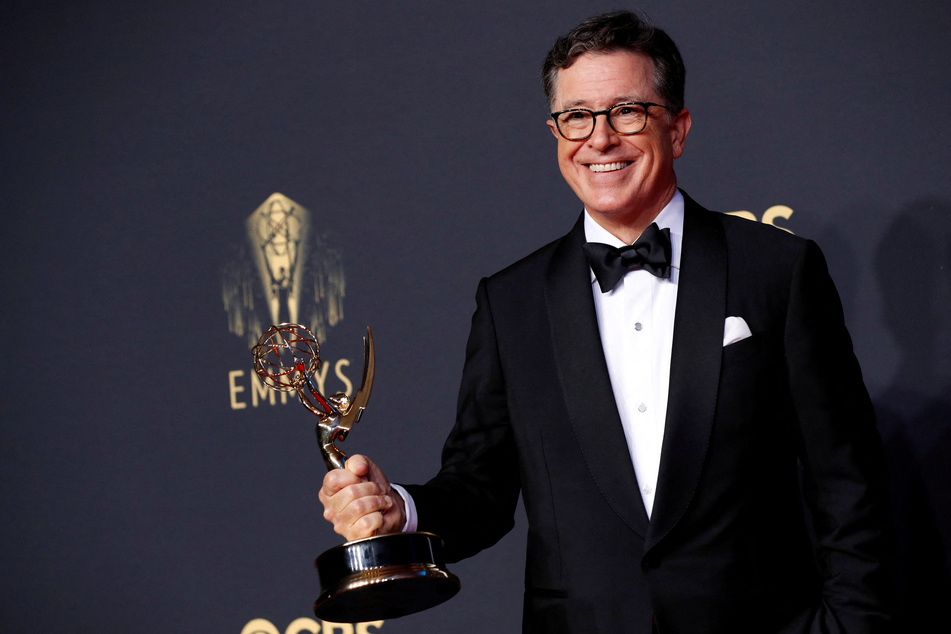 Stephen Colbert poses with the prize for outstanding variety special (live), for Stephen Colbert's Election Night 2020: Democracy's Last Stand: Building Back America Great Again Better 2020, at the 73rd Primetime Emmy Awards.