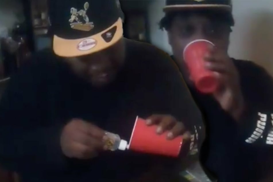 Len Martin coated the rim of a plastic cup with strong construction glue. Then he stuck it to his face (r).