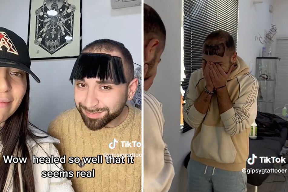 Balding man tricks TikTok with tattoo prank by inking bangs on his face
