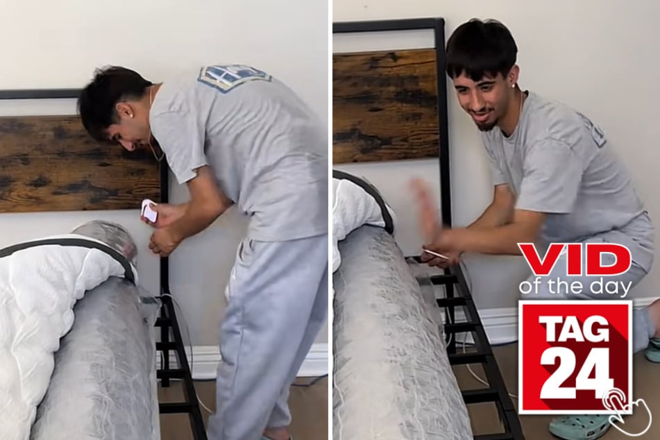 A mom filmed her son struggling to free a tightly packed mattress – only for it to suddenly burst open straight into his face!