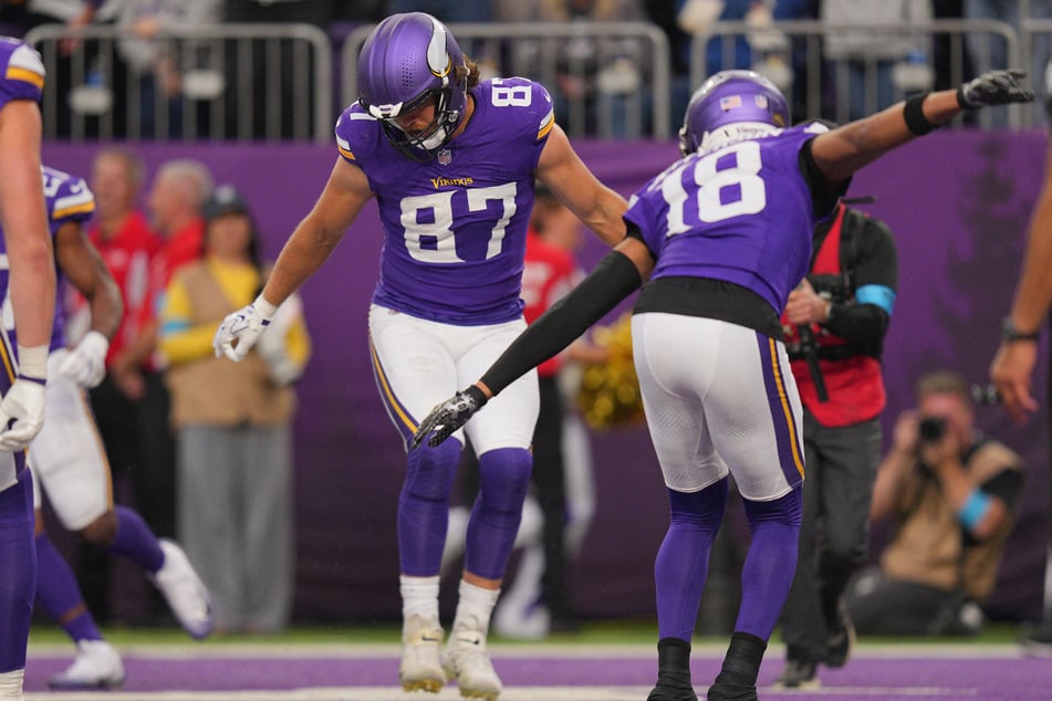 Minnesota Vikings tight end T.J. Hockenson reacts after scoring a touchdown against the Indianapolis Colts in the second half at U.S. Bank Stadium.