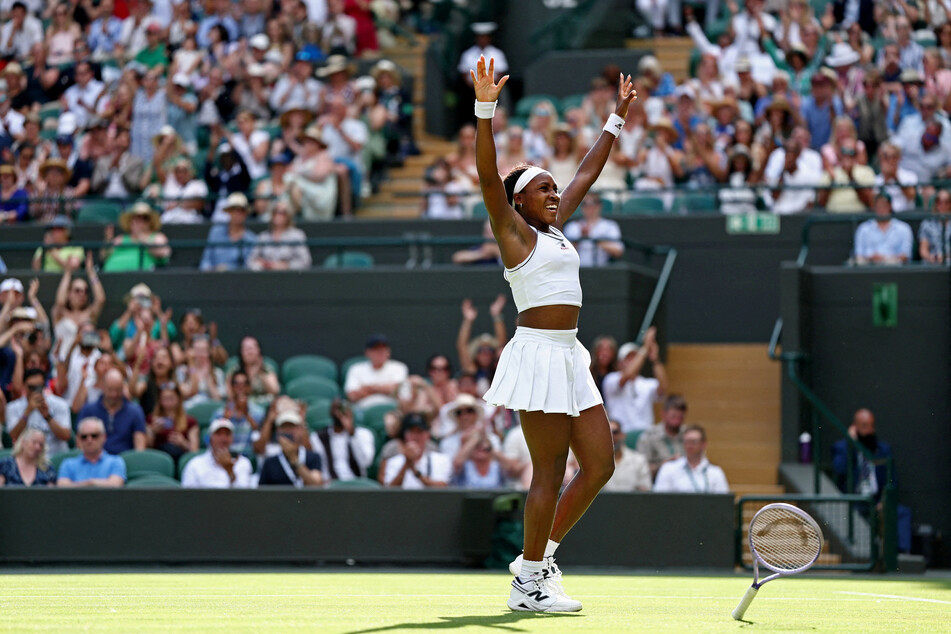 Coco Gauff (pictured) celebrates winning her second round match against Argentina's Solana Sierra on July 1, 2026.