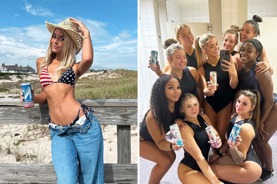 Olivia Dunne (l) used a viral TikTok trend to promote her latest NIl sponsor, the Accelerator Active Energy drink.