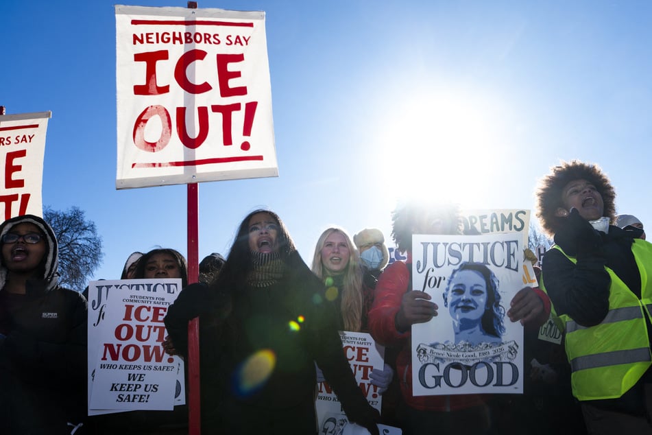 Students participate in a school walkout to protest federal immigration enforcement at the State Capitol in St. Paul, Minnesota, on January 14, 2026.