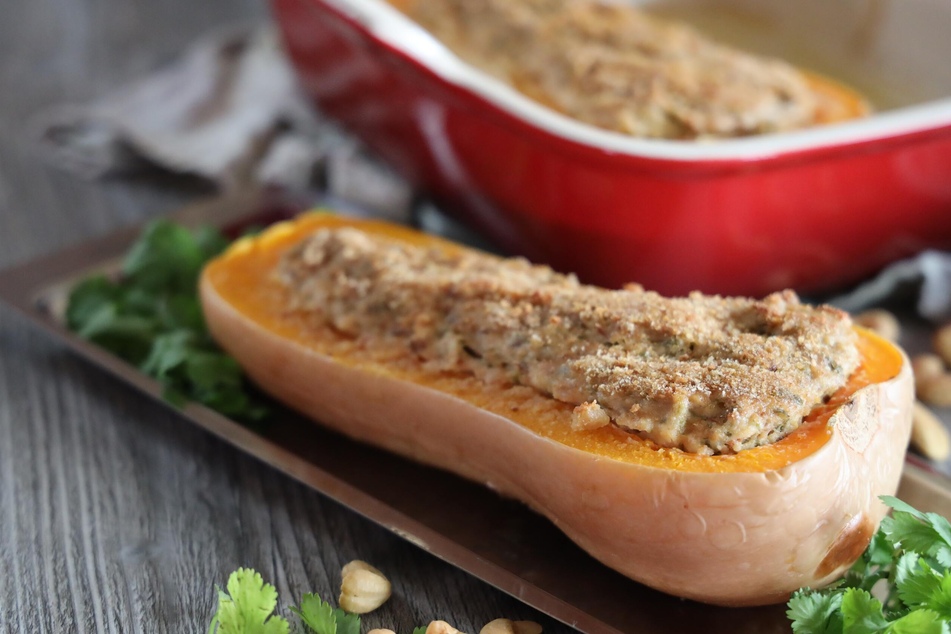 You can cut a pumpkin or squah more easily by heating it up slightly first. Then, stuff the halves with your favorite fillings, like cheese or butter, or brown sugar.