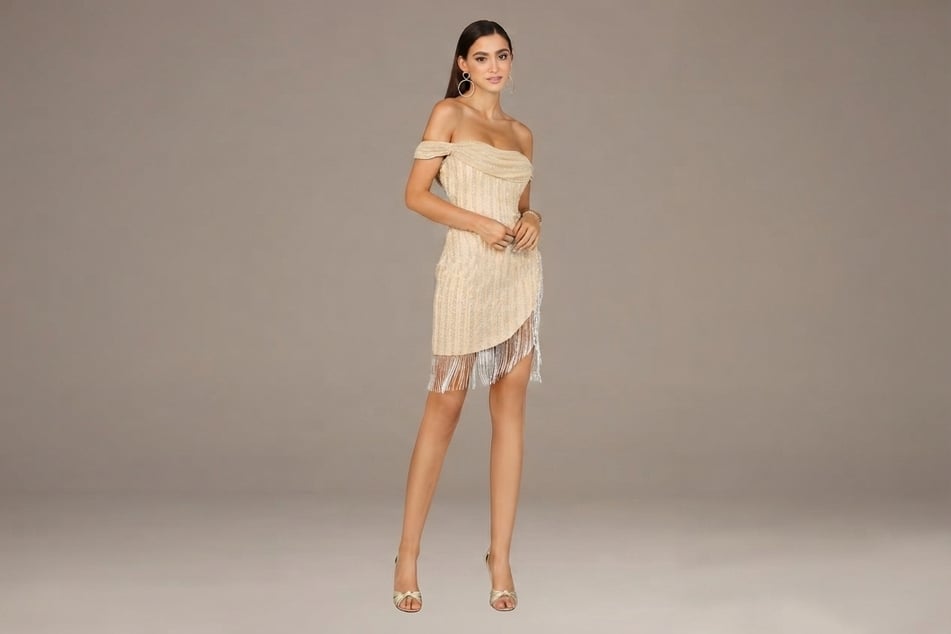 Trendsetter: Off-the-Shoulder Beaded Dress with Fringe