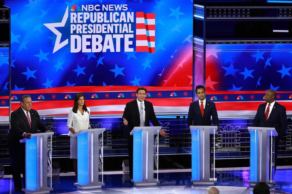 Republican presidential candidates (l. to r.) former New Jersey Gov. Chris Christie, former UN Ambassador Nikki Haley, Florida Gov. Ron DeSantis, entrepreneur Vivek Ramaswamy, and Senator Tim Scott participate in the NBC News Republican Presidential Primary Debate on Wednesday night.